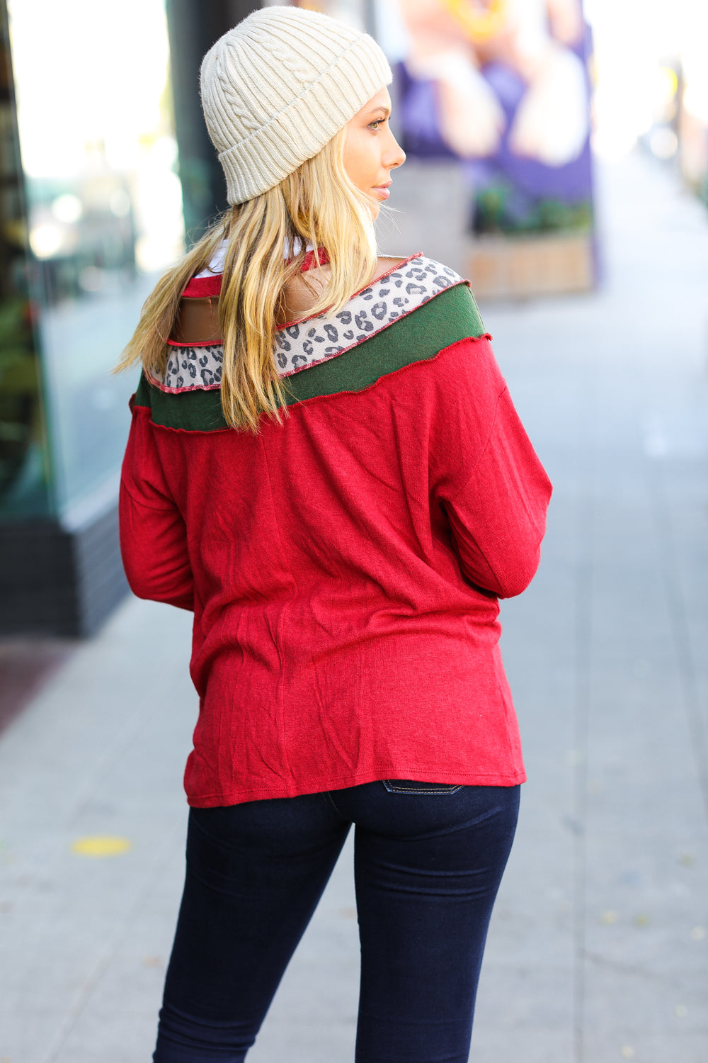 Christmas Red Terry Hacci Color Block Pullover