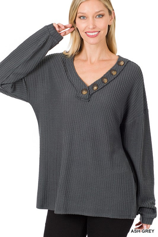 Brushed Thermal Waffle Button Detail Sweater Bellaza Boutique