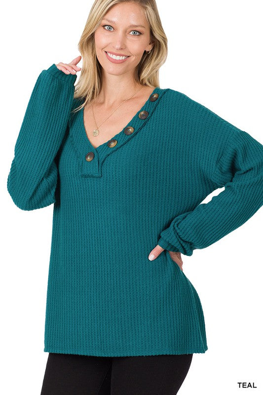 Brushed Thermal Waffle Button Detail Sweater Bellaza Boutique