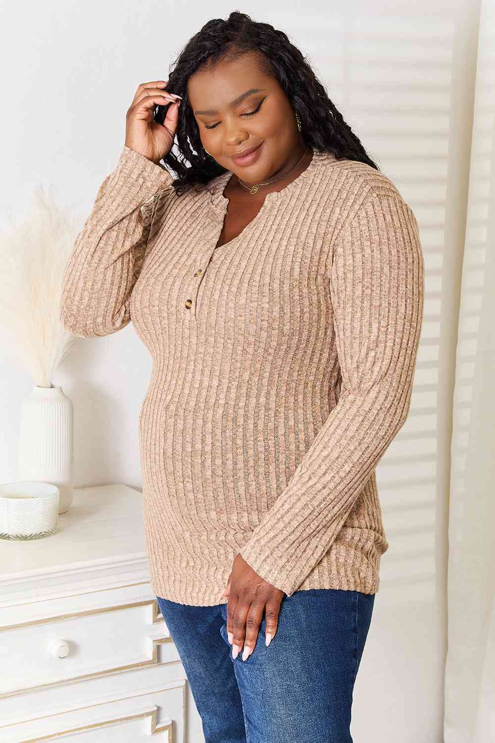 Double Take Notched Neck Ribbed Long Sleeve T-Shirt Bellaza Boutique