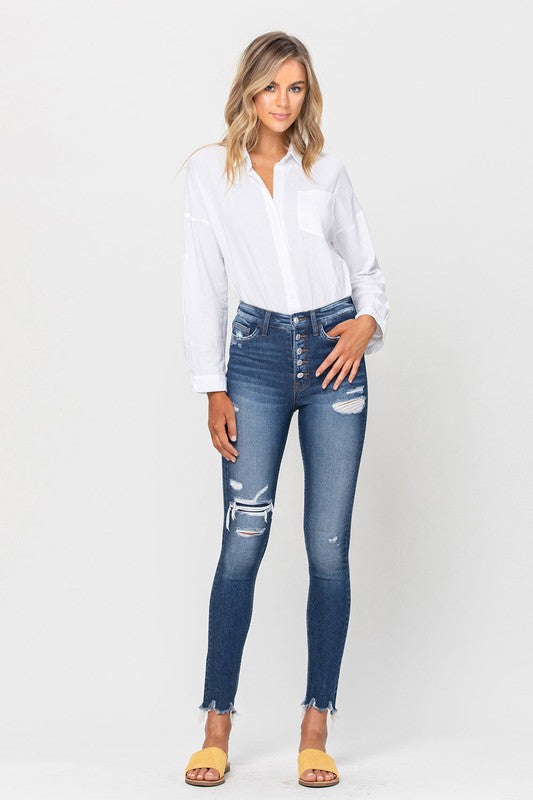 High Rise Patched Button Up Raw Hem Ankle Skinny Bellaza Boutique