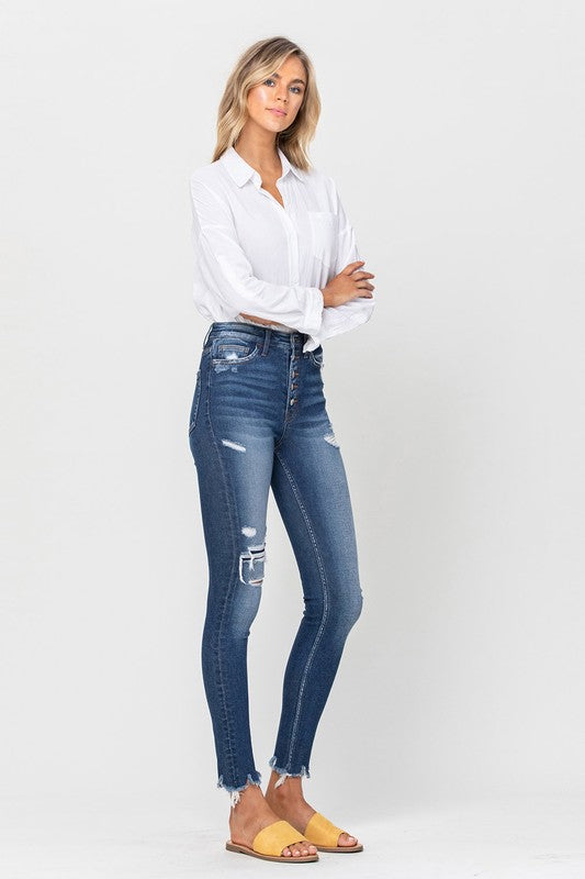 High Rise Patched Button Up Raw Hem Ankle Skinny Bellaza Boutique