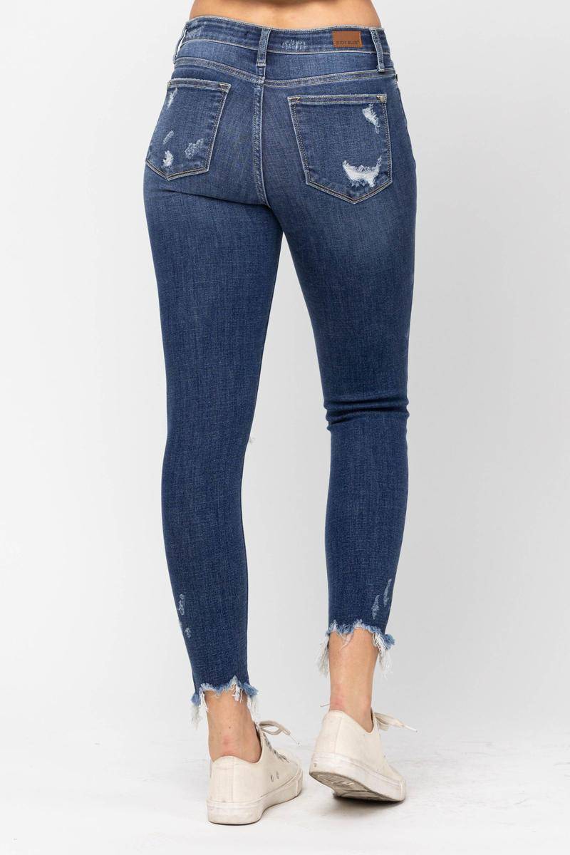 Judy Blue Mid-Rise Raw Hem Destroyed Skinny Jeans Bellaza Boutique