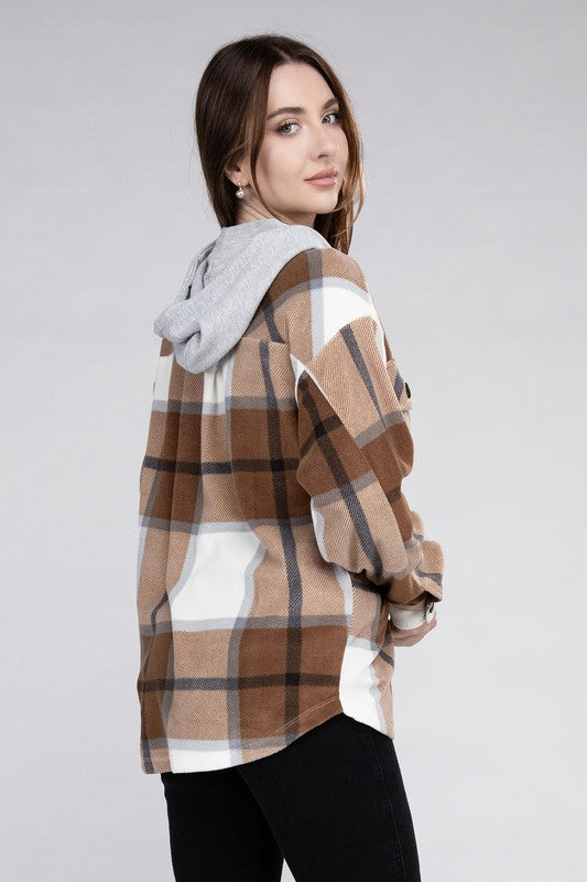 Plaid Drawstring Hooded Fleece Shacket Bellaza Boutique